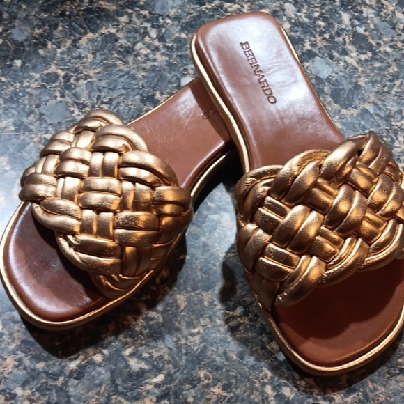 Bernardo Gold and Brown Woven Slide Sandals - Picture 1 of 9